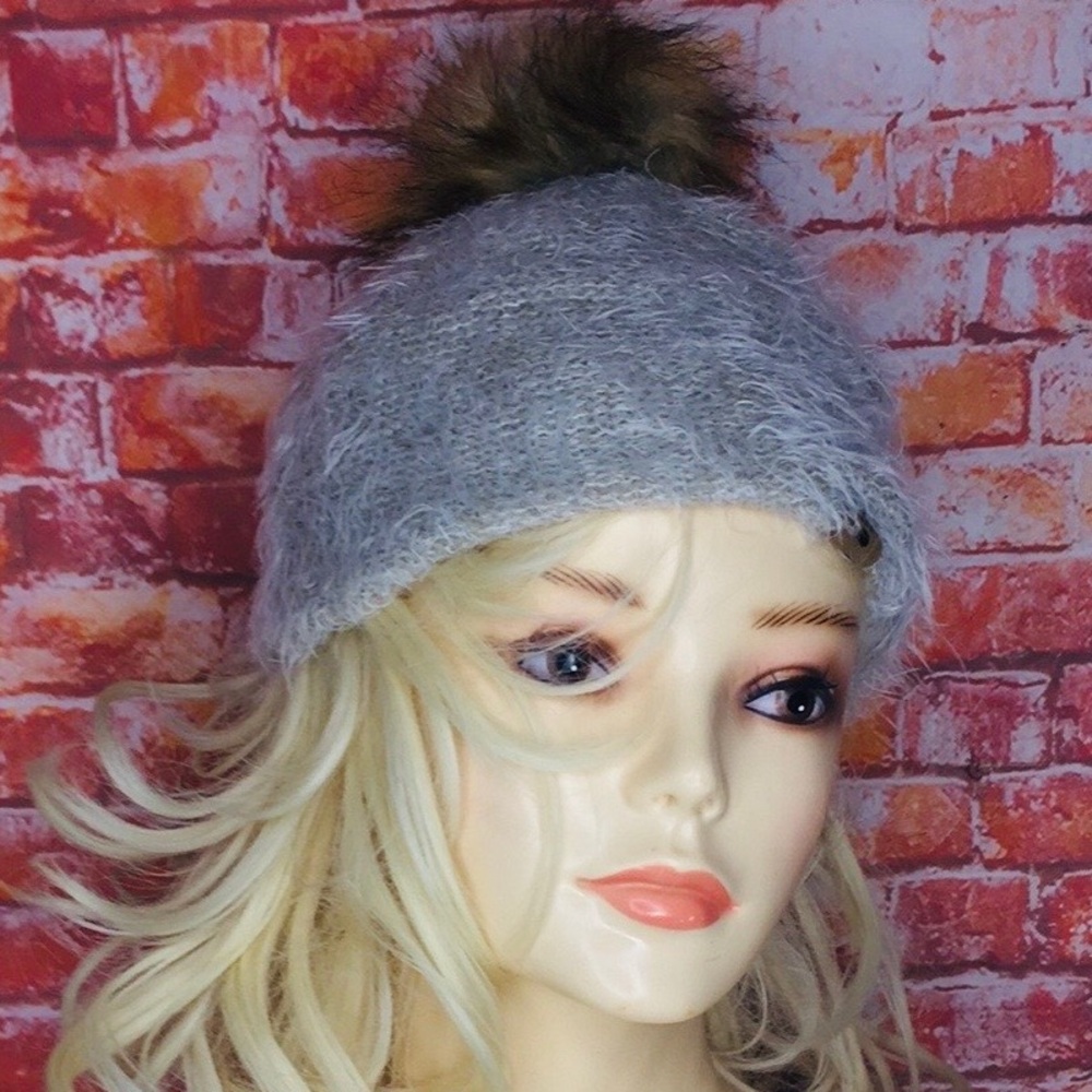 Soft Angora Gray Knit Winter Beanie Hat with  Fur Pom Pom